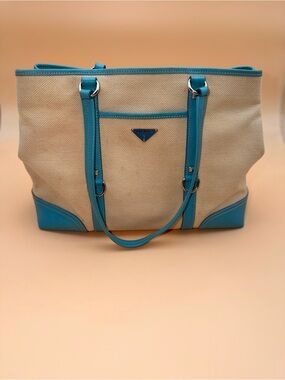 Prada Vintage Beige Canvas & Cerulean Blue Leather Enamel Triangle Tote Bag